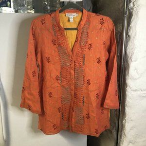 British India Woman Blouse 5 Orange Cotton Floral Tunic Top Button Up V-neck